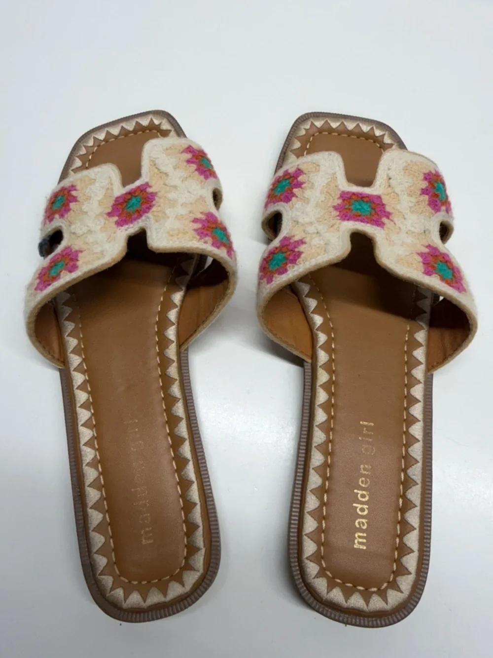 Madden Girl Hally Sandals Slides Colorful Crochet Knit Floral Ivory Size 9